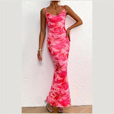 Women's Summer Floral Spaghetti Strap Maxi Dress Stretch Sexy Bodycon Dress Backless Slip Long Dresses
