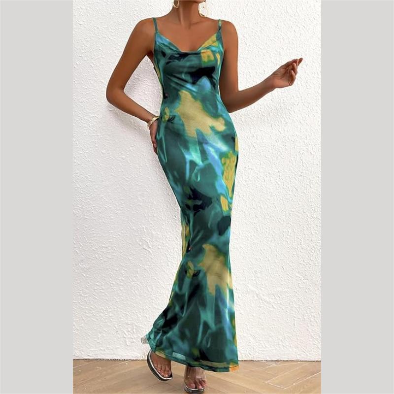 Women's  Summer Floral Spaghetti Strap Maxi Dress Stretch Sexy Bodycon Dress Backless Slip Long Dresses