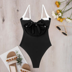 Boltoo Black V Neck One Piece Swimsuit4021 - Black - S