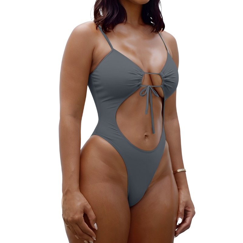 Boltoo Lace Up Cut Out One Piece Swimsuit4085 - Gray - S