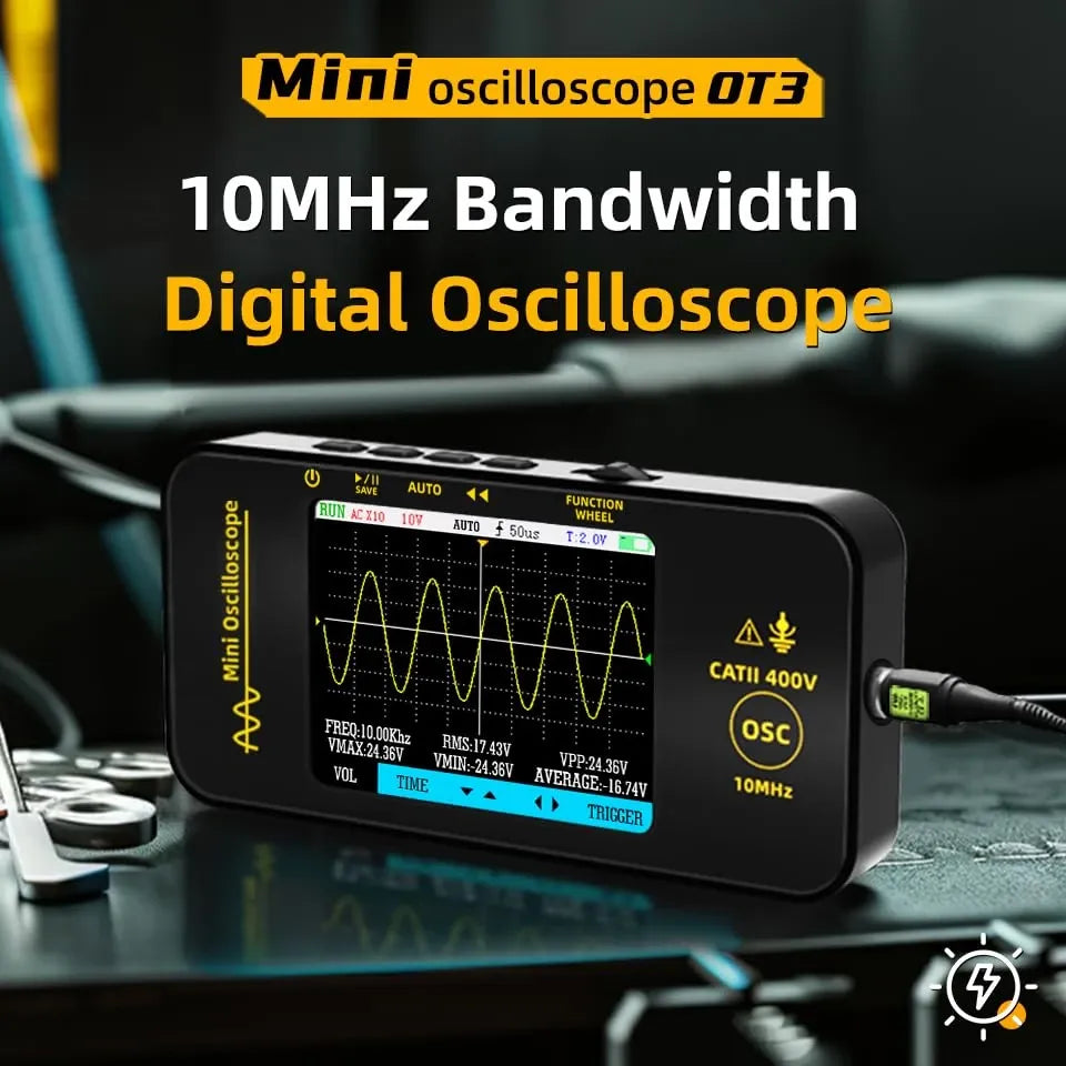 OT3 Handheld Digital Oscilloscope, 10MHz 48MSa/s Portable Mini Oscilloscope with 3.2” TFT Colour Screen, 400V Voltage Measurement, Type-C Rechargeable, EVA Carry Case for Automotive & Electronics Testing