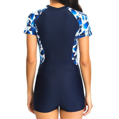 Boltoo Short Sleeve Floral Zipper Swimsuit23006 - 2 - BLUE - S