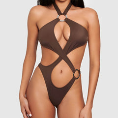 Boltoo Strappy Cut Out One Piece Swimsuit4061 - Coffee - S