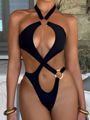 Boltoo Strappy Cut Out One Piece Swimsuit4061 - Black - S