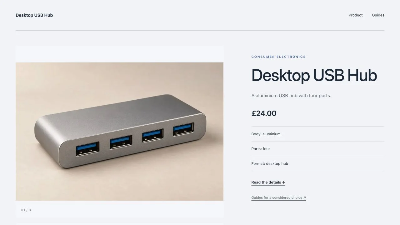 消费电子模板的实际页面：桌面 USB Hub、端口与兼容性信息